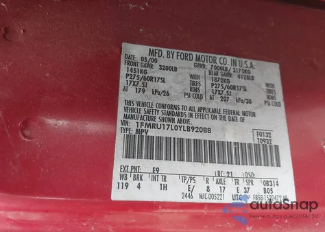 2000 Ford Expedition Eddie Bauer из США, поврежденный, VIN 1FMRU17L0YLB92088